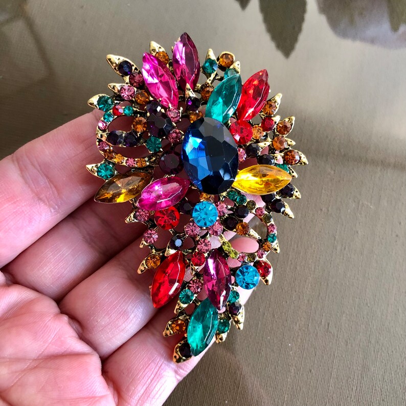 Large crystal rhinestone brooch, Kleurrijke brooch pin, Vintage style jewelry, Gifts for her 画像 4