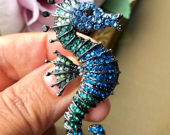 Crystal Sea Horse Brooch Pin: Blue Rhinestone Ocean Jewelry