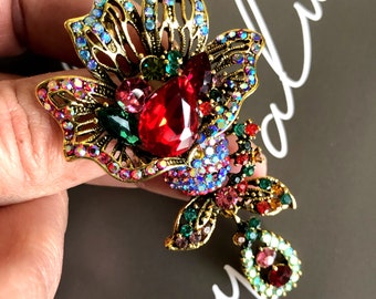 Large crystal rhinestone brooch or pendant, Rainbow brooch pin, Vintage style jewelry, Gifts for her