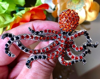Octopus Brooch, Crystal Sealife Brooch, Octopus Jewellery, Octopus Gift, Red Brooch, Red and Black Octopus Brooch