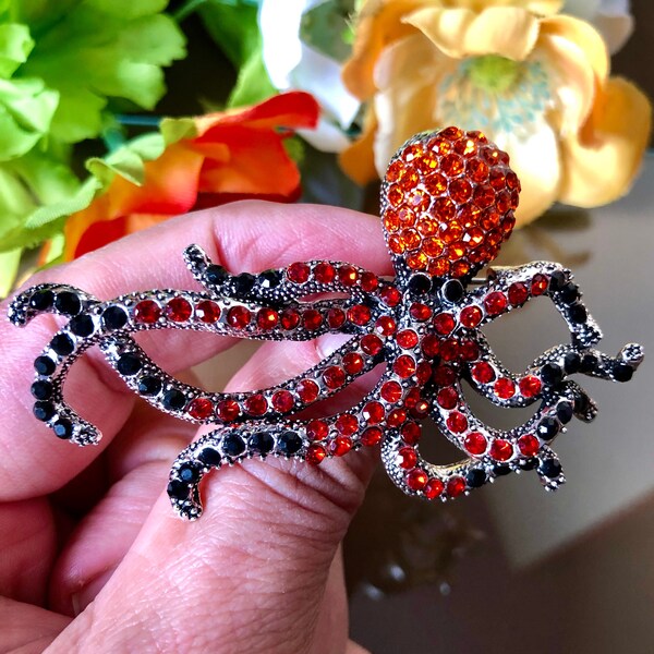 Octopus Brooch, Crystal Sealife Brooch, Octopus Jewellery, Octopus Gift, Red Brooch, Red and Black Octopus Brooch