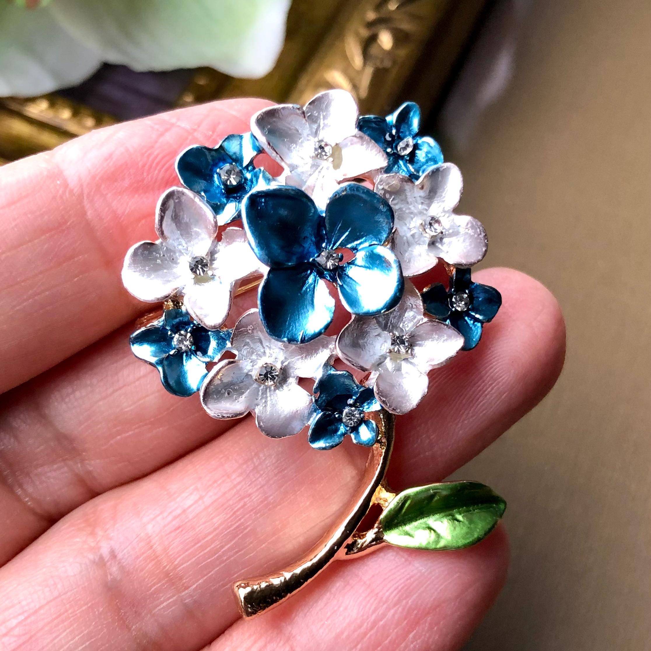 Elegant Floral Brooch with Blue and White Accents Colorful Ocean Flower Blue Dyed Seashells and White Pearls  main image 2