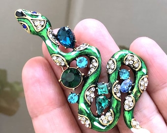 Large Enamer Crystal Snake Brooch Pin or Pendant, Costume Jewelry for Men or Women