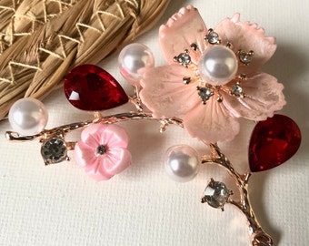 Broche de pedrería de cristal floral, joyería de estilo vintage rojo y rosa