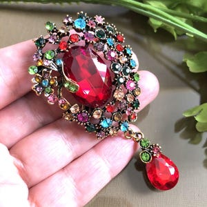 Large crystal rhinestone brooch, Reed rainbow brooch pin, Vintage style jewelry, Gifts for her