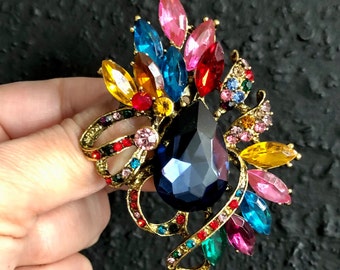 Large crystal rhinestone brooch, Rainbow brooch pin, Vintage style jewelry, Gifts for her