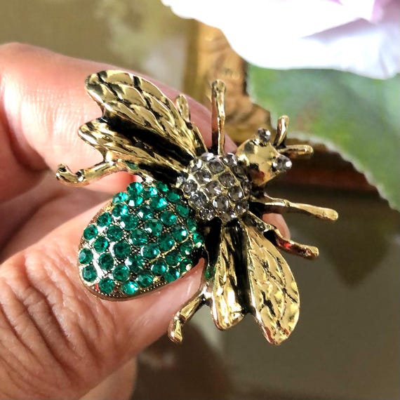 Rhinestone Bee Brooch: Vintage Style Green Bee Jewelry