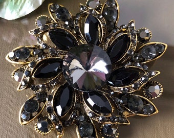 Spilla o ciondolo con strass di cristallo di grandi dimensioni, spilla nera, gioielli in stile vintage, regali per lei