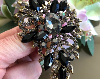 Large crystal rhinestone brooch, Black brooch pin, Vintage style jewelry, Gifts for her