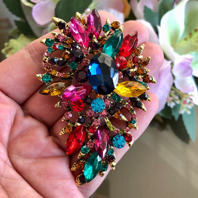 Broche grande de pedrería de cristal, broche Kleurrijke, joyería de estilo vintage, regalos para ella imagen 3