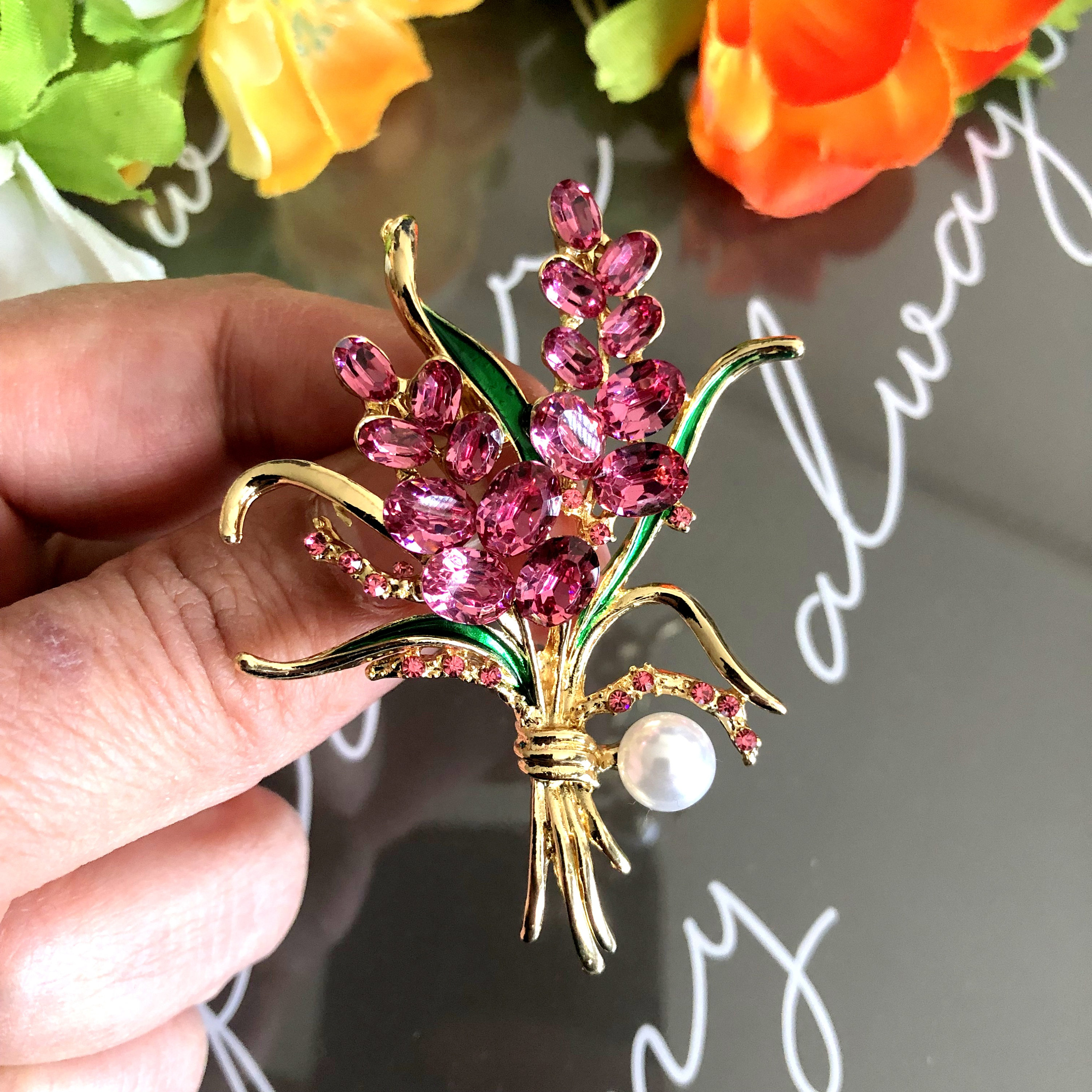 Cristallo Strass Ciano Verde Spilla Con Ciondolo Fiore Rosa Stile - Foto 3