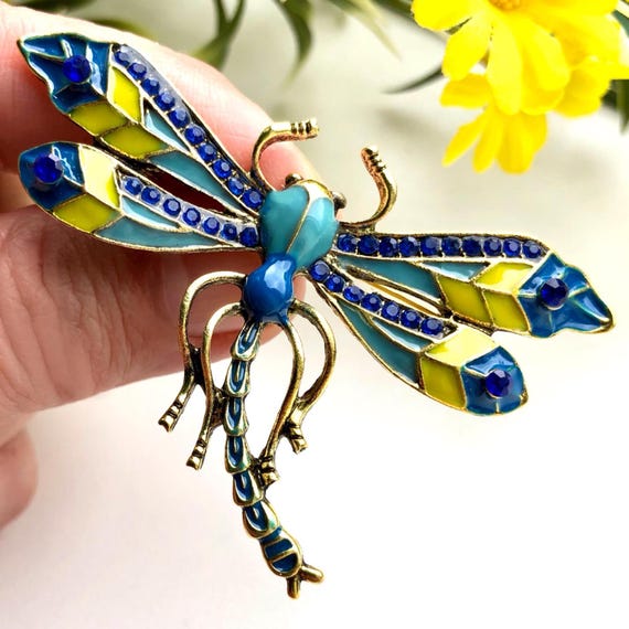 Elegant Yellow Blue Dragonfly Brooch Pin Insect Art Pin