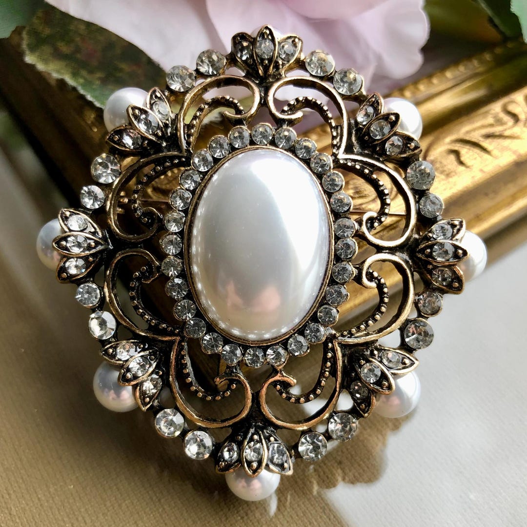 Large Brooch Pin, Pearl Brooch, Rhinestone Brooch, Pearl Jewelry - Etsy