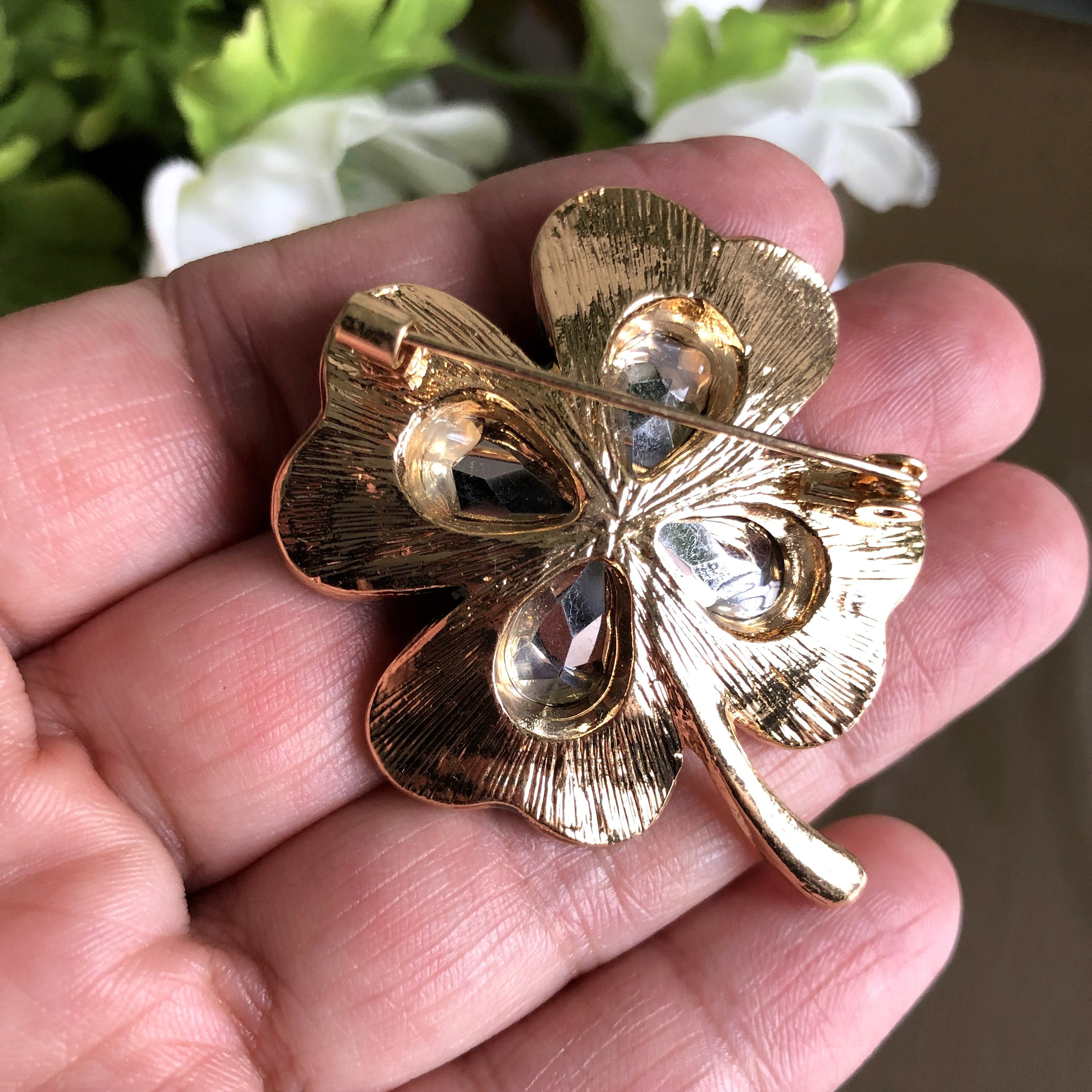 Four leaf clover brooch Crystal rhinestone floral pin brooch Green brooch pin Vintage style jewelry Gifts for her