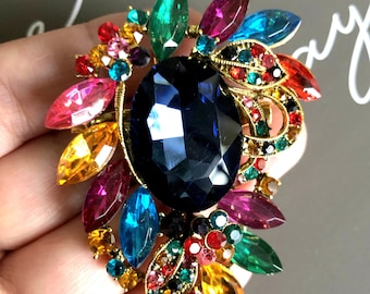 Large crystal rhinestone brooch or pendant, Rainbow brooch pin, Vintage style jewelry, Gifts for her