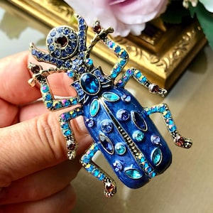 Large Enamel Beetle Brooch with Sparkling Crystal Rhinestones, Insect Jewelry Gift for Her, Statement Bug Pin