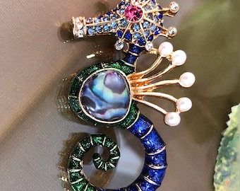 Rhinestone Sea Horse Brooch: Enamel Ocean Jewelry