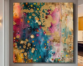 Large Original Game of shades Abstract Oil Painting / Pink Blue Golden Leaf Painting / Colorful Acrylic Canvas Art / Textured Wall Art Decor