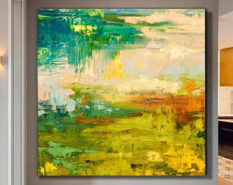 May include: Abstract painting featuring a blend of green, yellow, and blue tones. The artwork has a layered, textured appearance, with brushstrokes evident throughout. The colours are bright and vibrant, conveying a sense of energy and movement.