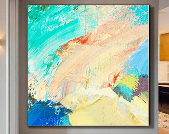 Puede incluir: Pintura abstracta con una mezcla de pinceladas azules, amarillas, verdes y rosas. La pintura tiene un aspecto texturizado y un estilo moderno.