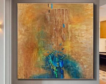 Large Painting On Canvas Original Wall Art Gold Painting Blue Beige Painting Contemporary Art Original Painting Canvas Abstract Room Decor