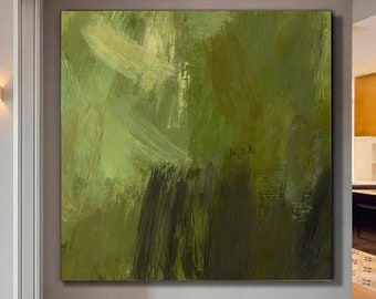 Gran pintura al óleo sobre lienzo, pintura verde, pintura gris, obra de arte, pintura acrílica original sobre lienzo, pintura de pared para sala de estar