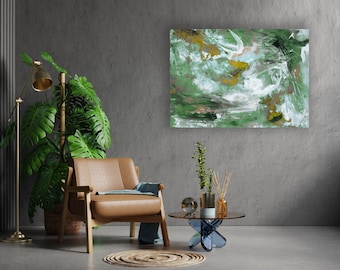 Gran pintura al óleo sobre lienzo, pintura verde, pintura gris, obra de arte, pintura acrílica original sobre lienzo, pintura de pared para sala de estar