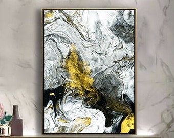 Black and White Painting / Original Art / Abstract Painting / Gold Painting / Hand-painted Large Canvas Painting / Black and White Art
