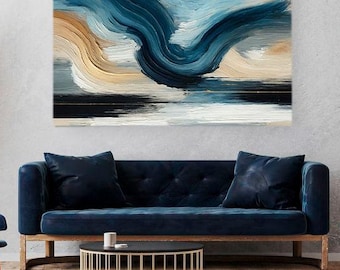 Gran pintura al óleo abstracta de paisaje marino con puesta de sol en el océano azul