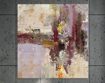 May include: Abstract painting with a textured surface, featuring a blend of colors including beige, burgundy, and yellow. The artwork is displayed above a teal sectional sofa in a modern living room setting.