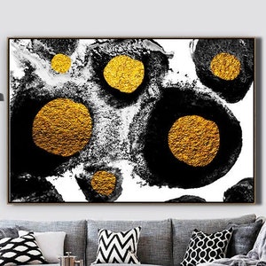Large Abstract Oil Painting / Oversize Painting / Gold Circles Painting / Extra Large Wall Art / Abstract Original Black White Painting