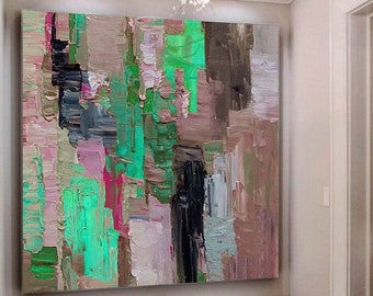 Gran pintura al óleo sobre lienzo, pintura verde, pintura gris, obra de arte, pintura acrílica original sobre lienzo, pintura de pared para sala de estar