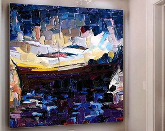 Large Original Abstract Oil Painting / Boat Painting /  Extra Large Wall Art / Dark Blue Canvas Art / Oversize Oil Painting / Marine Art