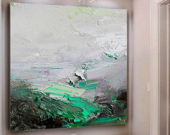 Gran pintura al óleo sobre lienzo, pintura verde, pintura gris, obra de arte, pintura acrílica original sobre lienzo, pintura de pared para sala de estar