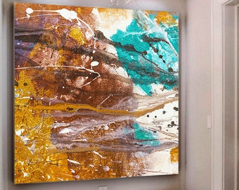 Gran pintura al óleo sobre lienzo, pintura azul, pintura marrón, obra de arte, pintura acrílica original sobre lienzo, pintura de pared para sala de estar