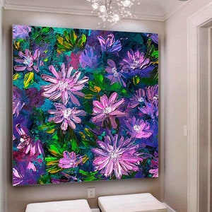 Pintura a óleo de flores roxas/arte de parede extra grande/pintura abstrata/arte contemporânea/pintura da natureza/arte em tela original grande