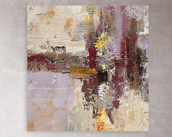 May include: Abstract painting with a textured surface, featuring a palette of burgundy, beige, and yellow hues. The artwork is displayed in a modern kitchen setting, above a dark wood table and white metal stools. The room has brick walls and large windows.