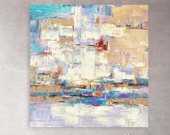 Pintura de paisaje marino azul y beige / Pintura abstracta original de gran tamaño / Pintura de paisaje / Pintura de atardecer / Pintura del océano / Pintura al óleo