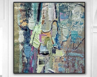 May include: Abstract painting with a textured, layered style. The painting features a mix of blue, green, brown, and pink hues. The painting is framed in a black frame and is hanging on a white wall.