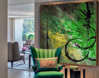 Gran pintura al óleo sobre lienzo, pintura verde, pintura gris, obra de arte, pintura acrílica original sobre lienzo, pintura de pared para sala de estar