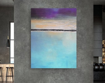 以下が含まれることがあります： 紫、オレンジ、青の配色を使用した抽象画。絵画は、空と水を分ける細い黒い線のある地平線を表しています。