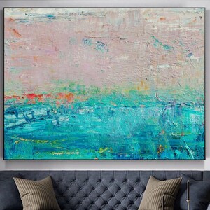 Large Abstract Painting on Canvas Turquoise Wall Art Neutral Artwork Personalized Painting Oversized Textured Art for Aesthetic Room Decor