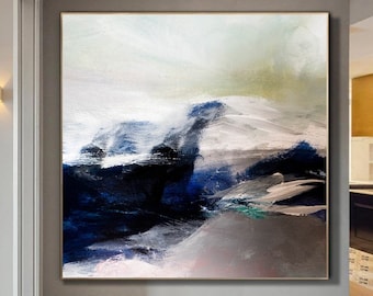 Large Abstract Oil Painting Oversized Painting Black And White Abstract Painting Black Painting White Painting Blue Painting Wall Art Canvas