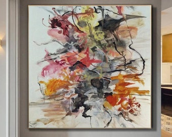 May include: Abstract painting with bold strokes of red, orange, yellow, black, and white paint on a white canvas.