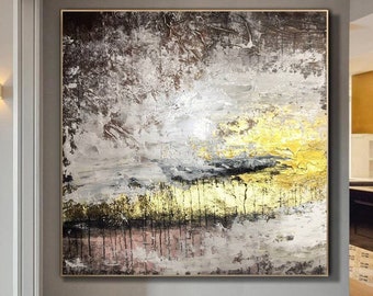 Modernes Ölgemälde auf Leinwand Abstrakte Wandkunst Neutrale Malerei Goldblattkunst personalisiertes Kunstwerk zeitgenössische Kunst für Indie-Raumdekor