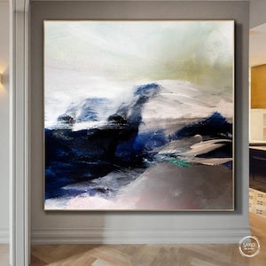 Large Abstract Oil Painting Oversized Painting Black And White Abstract Painting Black Painting White Painting Blue Painting Wall Art Canvas