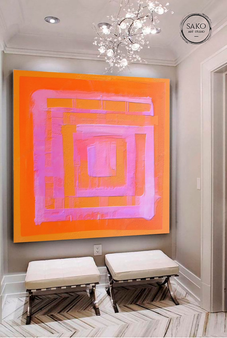 Large Original Labyrinth Abstract Oil Painting / Pink Orange Labyrinth Painting / Colorful Acrylic Canvas Art / Labyrinth Art Decor image 2