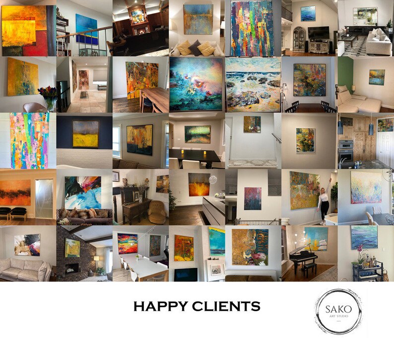 May include: A collage of images showcasing various abstract paintings in different homes. The paintings are in various styles and colors, including blue, green, yellow, and orange. The text "HAPPY CLIENTS" is at the bottom of the collage, and the text "SAKO ART STUDIO" is in a circle at the bottom right.