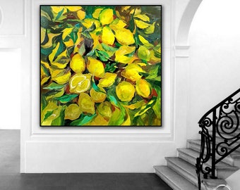 レモンの絵画オリジナルアート静物油絵、フルーツの壁アート、キッチン
