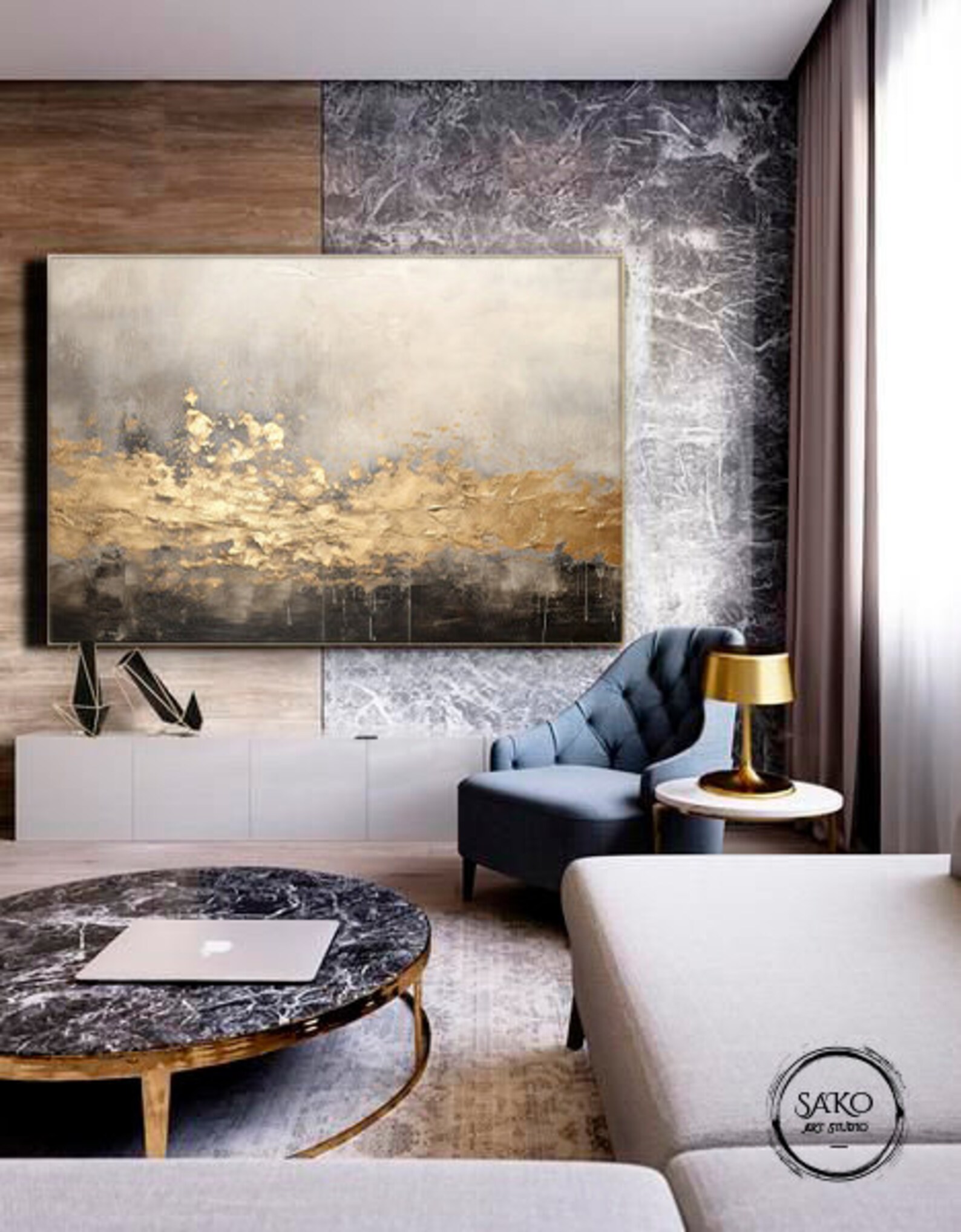 Large Painting on Canvas Original Wall Art Gold Painting White Beige ...